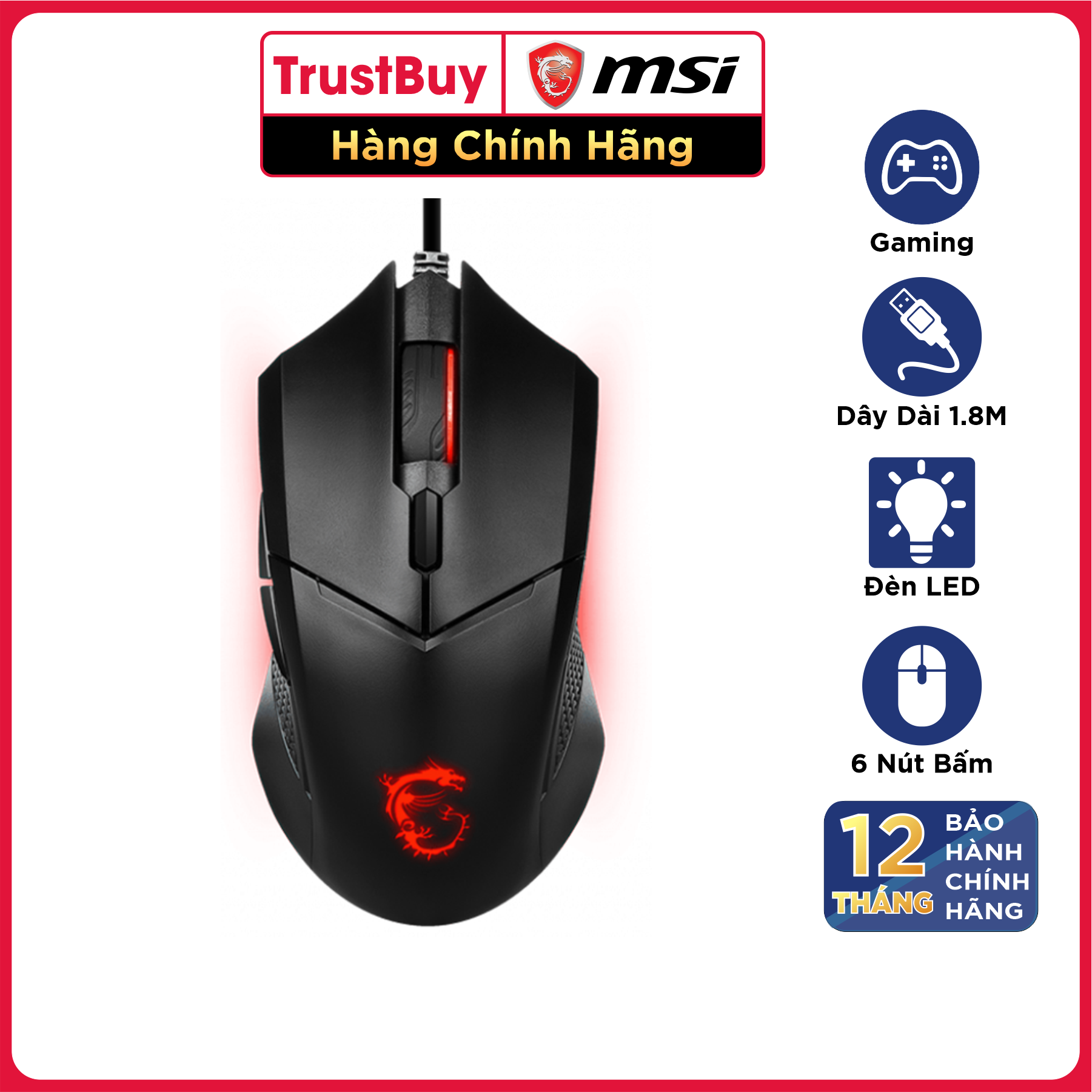 Chuột Gaming Có Dây MSI Clutch GM08 Đèn LED Đỏ, 6 Nút, 3200 DPI Với 5 Mức DPI, Dây Cắm USB Dài 1.8M - Hàng Chính Hãng