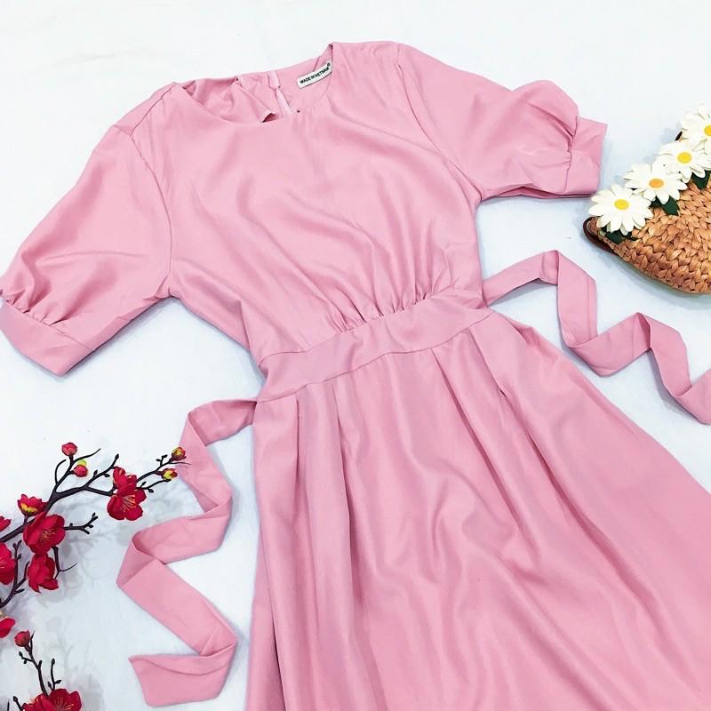 Đầm váy hồng nút sau cột eo