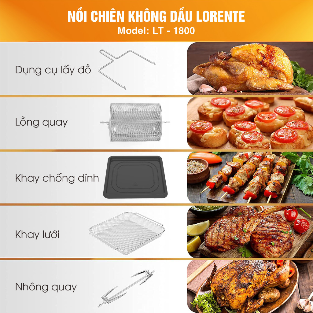 Nồi Chiên Không Dầu Đa Năng - Lorente LT1800 - Dung tích 18L - 1700W - Tặng Full bộ phụ kiện - Hàng chính hãng