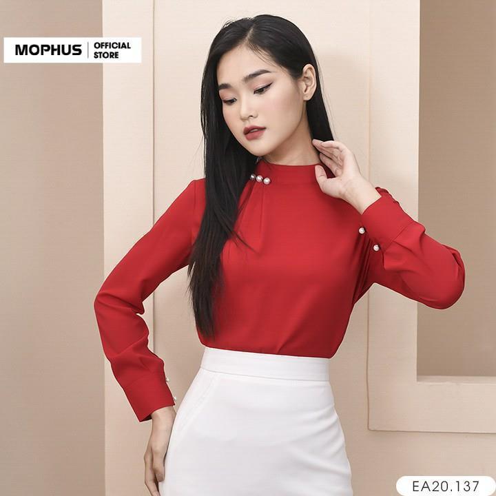 Áo sơ mi công sở Mophus EA20137 cổ đính đá, áo sơ mi nữ vải co dãn thời trang công sở cao cấp