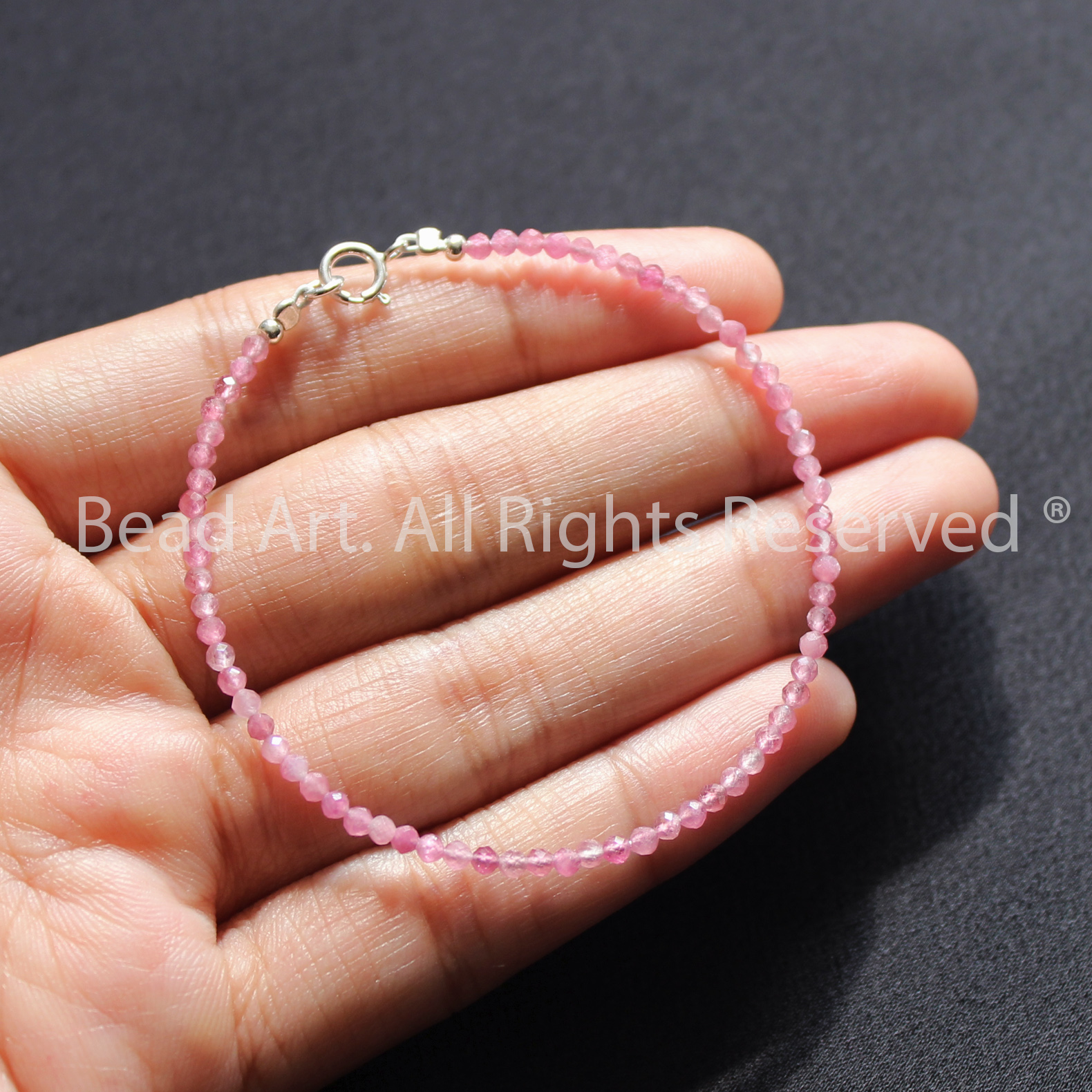 Vòng Tay 2MM Tourmaline Hồng Loại AAA Bạc 925, Mệnh Hoả, Thổ, Vòng Tay Phong Thuỷ, Lắc Tay - Bead Art