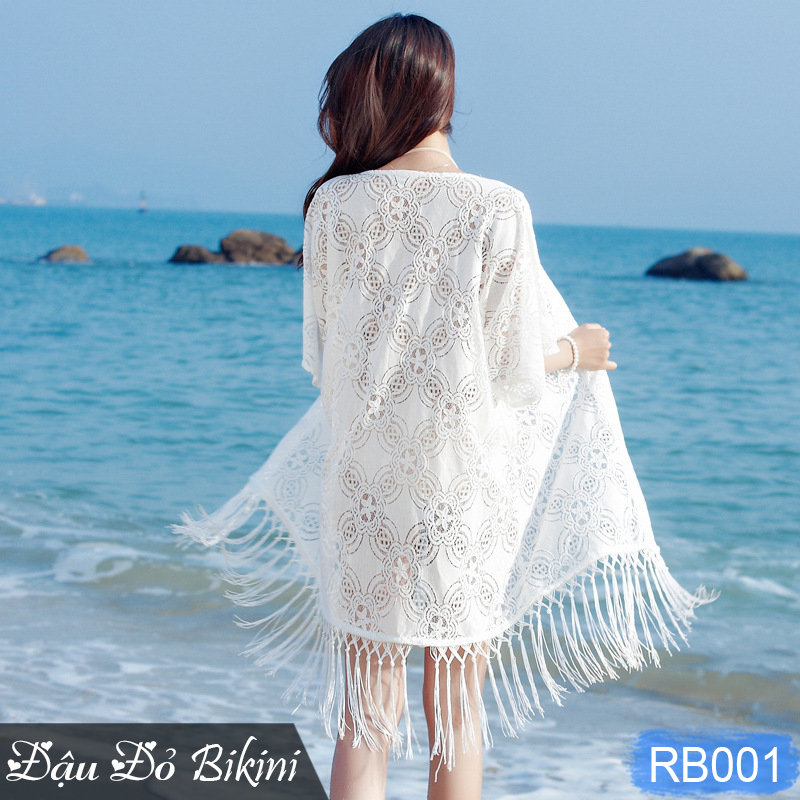 Áo choàng ren cao cấp, dáng kimono khoác dài phối rua điệu, có dây lưng tiện dụng, dễ phối đồ khi đi biển, du lịch, party | RB001