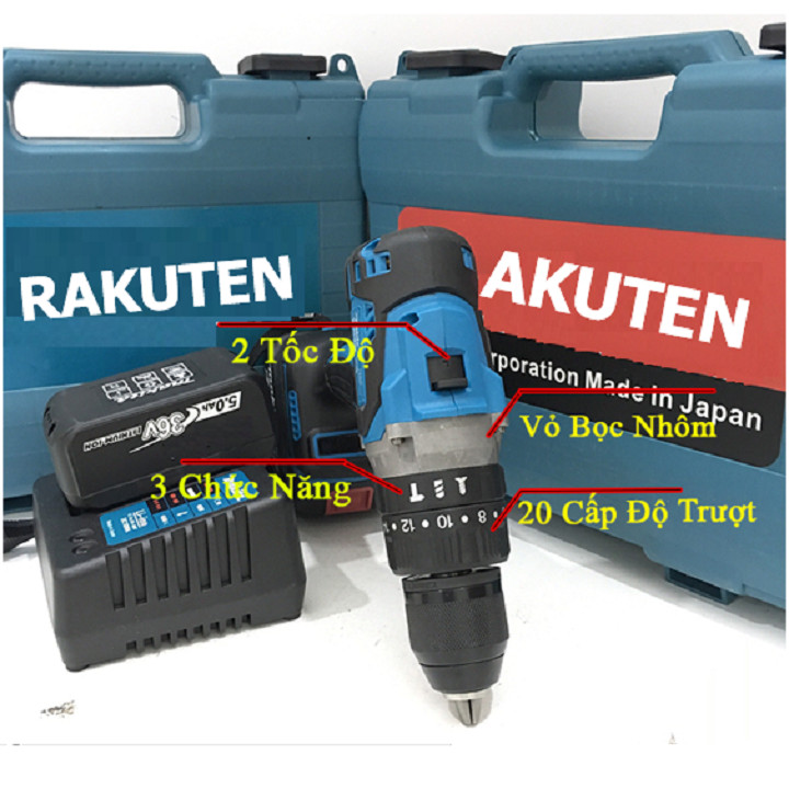 Bộ máy khoan pin RAKUTEN 36V khoan tường, khoan sắt, khoan bê tông máy 2 pin, đảo chiều và mũi khoanBộ máy khoan pin RAKUTEN 36V khoan tường, khoan sắt, khoan bê tông máy 2 pin, đảo chiều và mũi khoan