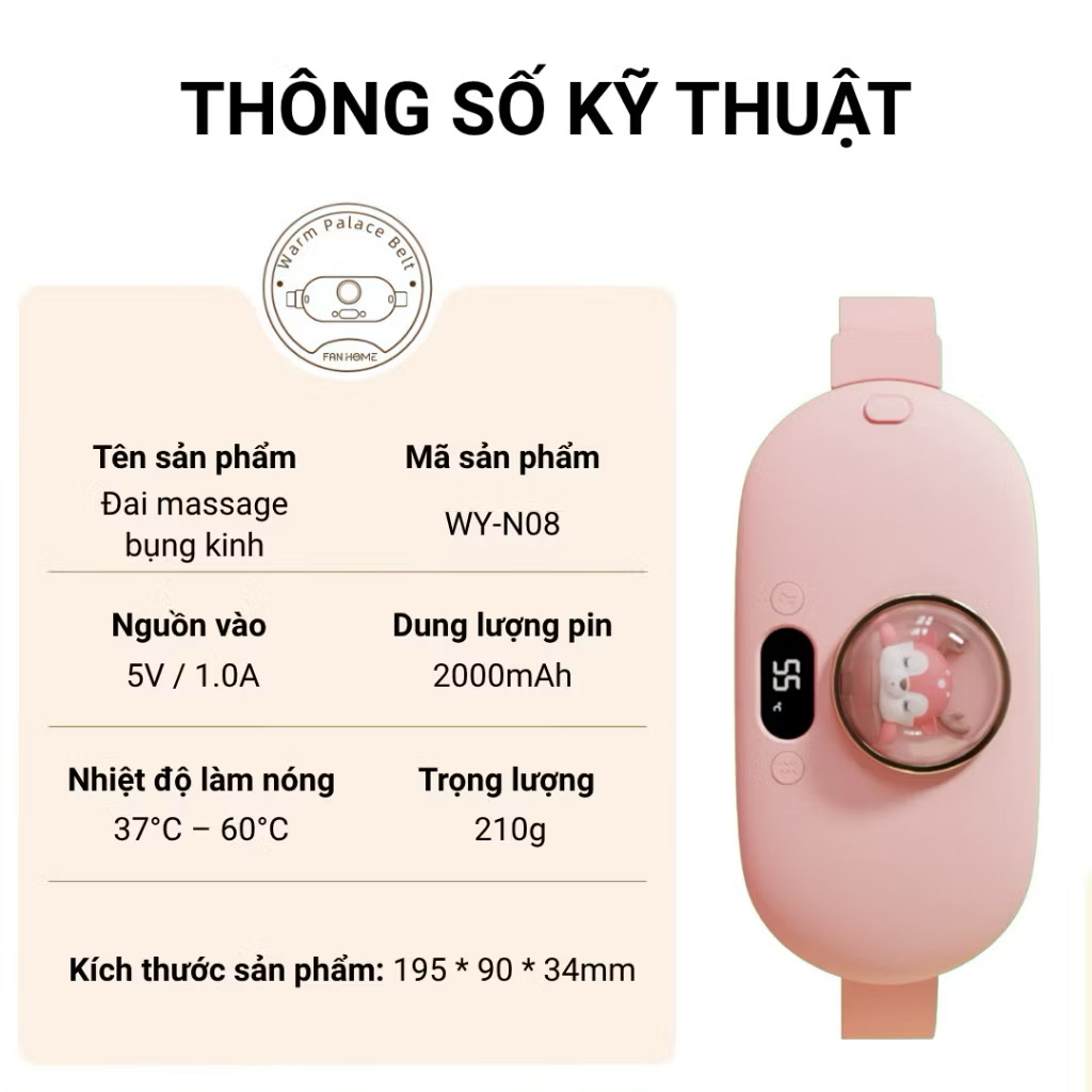 Đai Chườm Nóng Bụng Kinh FAN HOME, Máy Làm Ấm Bụng Kinh, Đai Làm Ấm Giảm Đau Bụng Kinh- Rung Massage Làm Nóng Nhanh