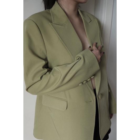 OLALASTUDIO Áo Blazer dáng dài oversize có độn vai ( 3 màu đen, caramel, xanh lá)