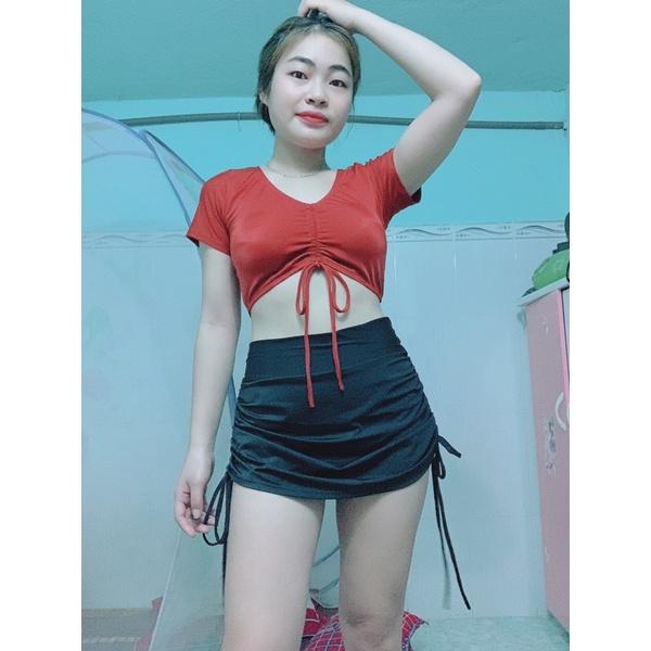 Đồ bơi nữ kín đáo váy rút dây sành điệu- Bikini đi biển 2 mảnh áo tay ngắn trẻ trung- shopnabi