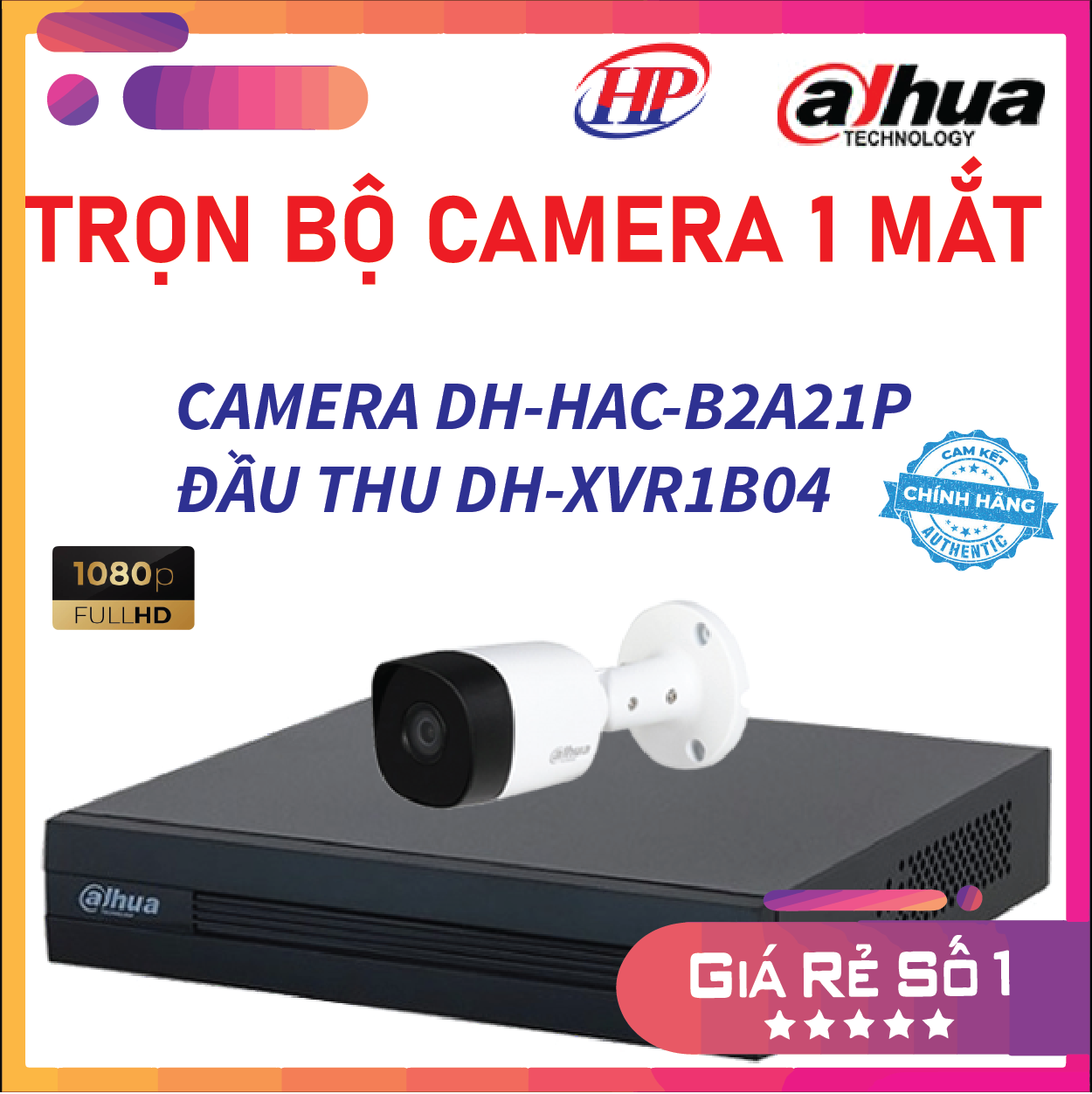 Trọn bộ camera giám sát DH-HAC-B2A21P (01/02/03/04 Mắt 2.0 MP) cùng đầu thu 4 cổng DH-XVR1B04 kèm đầy đủ phụ kiện, Hàng chính hãng