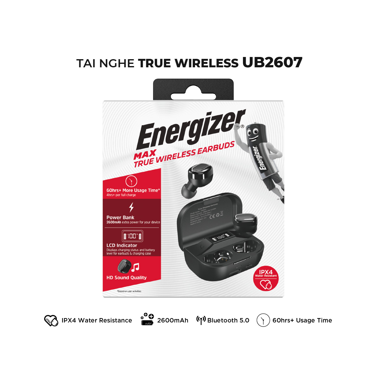 Tai nghe True Wireless Stereo Energizer UB2607 - tích hợp sạc dự phòng 2600mAh, thiết kế nhỏ gọn, âm thanh chuẩn HD - HÀNG CHÍNH HÃNG