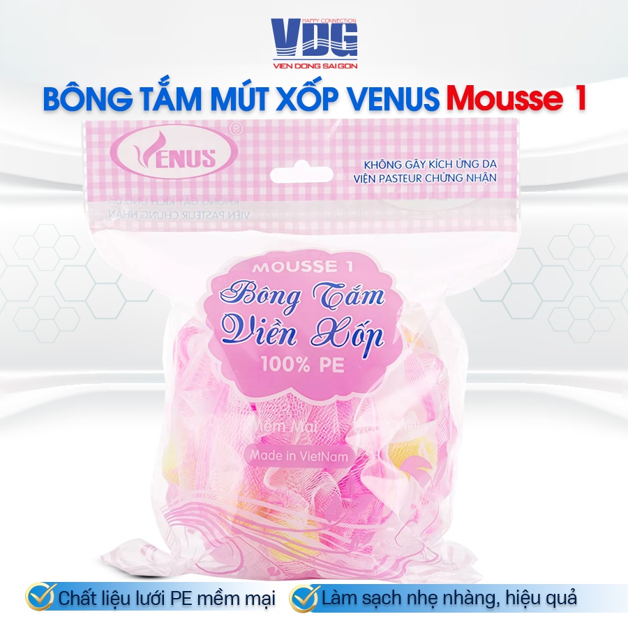 Combo 2 Bông tắm tròn cao cấp Venus Mousse 1-Tạo bọt nhiều, tấy da chết, thẩm thấu sữa tắm nhiều,massge thư giãn (Giao màu ngẫu nhiên)