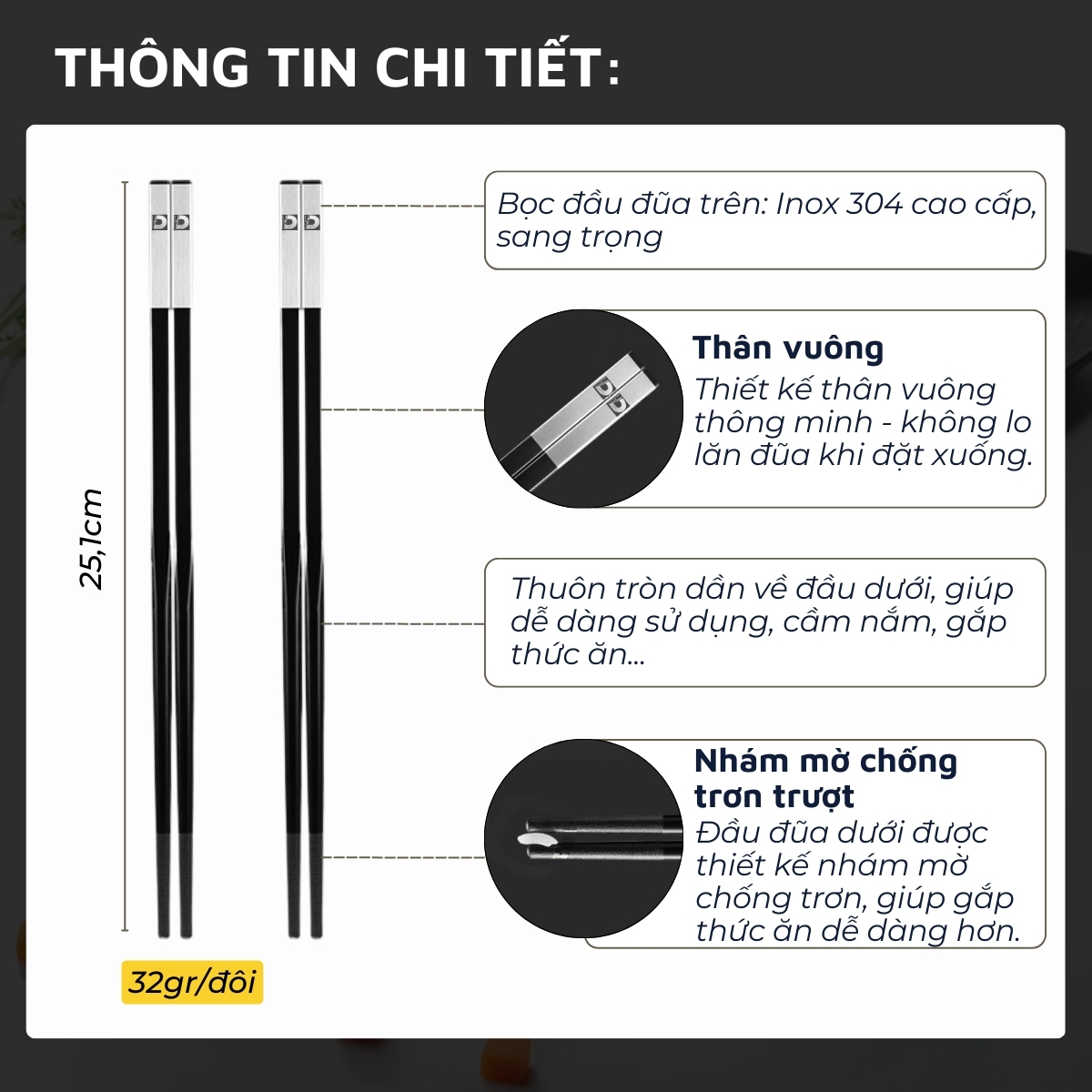 Đũa nhựa PPS sợi thủy tinh DandiHome kết hợp Inox 304 DandiHome cao cấp, chống trượt, chống nấm mốc
