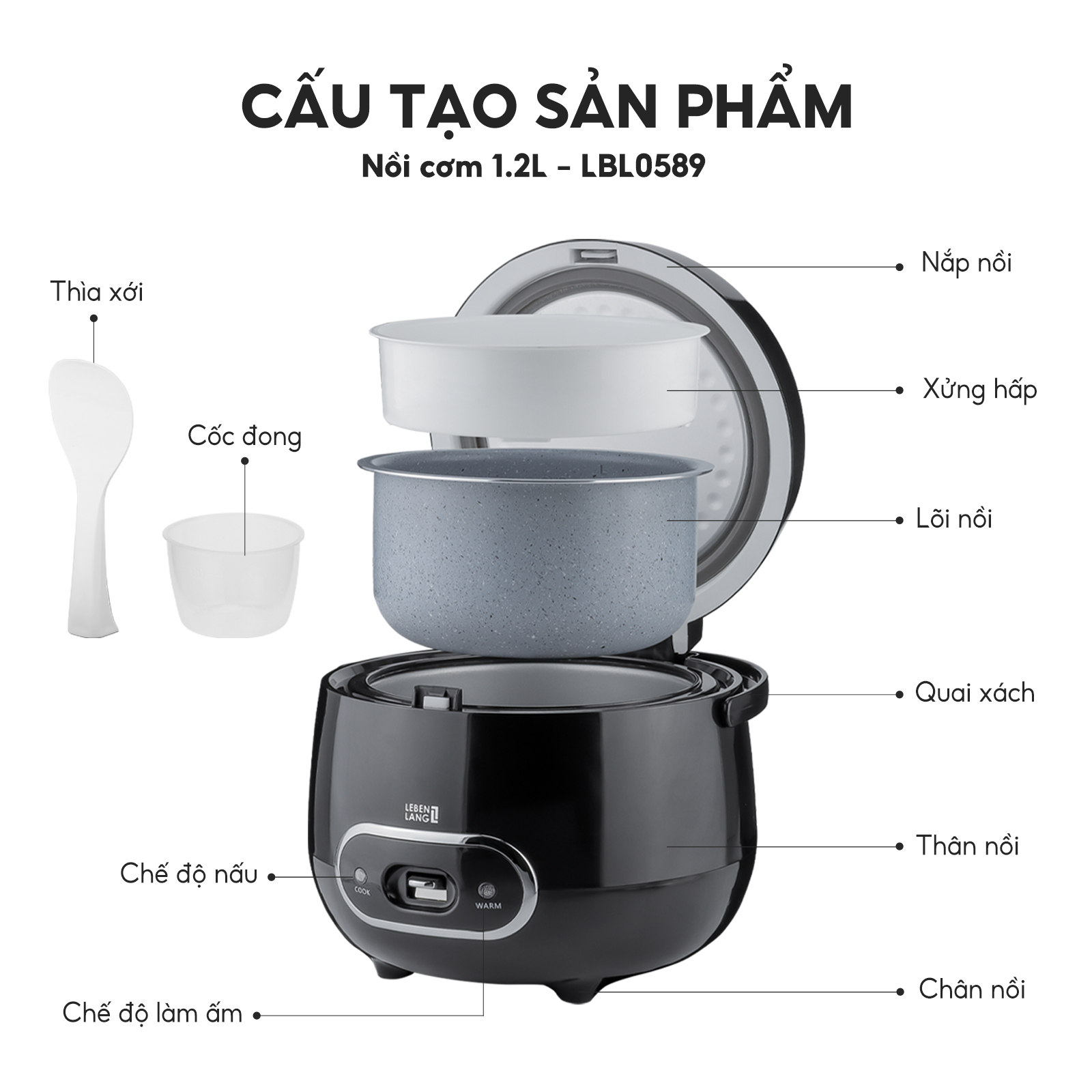 Nồi cơm điện Lebenlang LBL0589 dung tích 1200ml, công suất 500W, thiết kế đơn giản hiện đại - hàng chính hãng