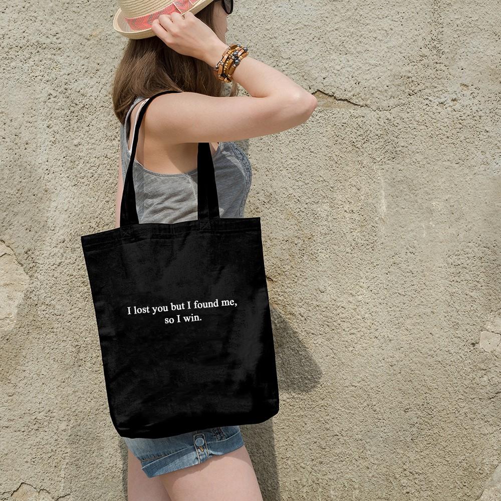 Túi Tote Vải Canvas Ginko kiểu basic có dây kéo khóa miệng túi đựng vừa laptop 14 inch và nhiều đồ dùng khác Phong Cách Hàn Quốc In Chữ So I Win B02
