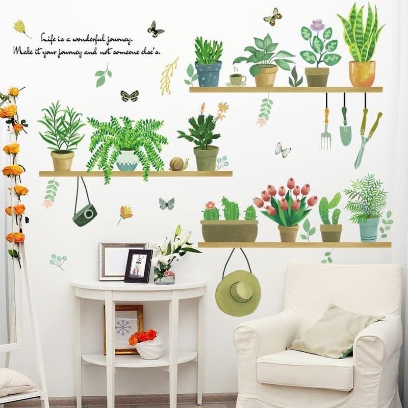 Decal dán tường tán lá xanh và kệ cây