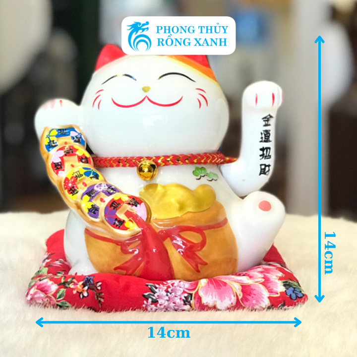 Mèo Thần Tài-Mèo May Mắn Chiêu Tài Đón Khách-Mèo Cầm Dây Tiền Vẫy Tay 14cm-Gốm Sứ Cao Cấp