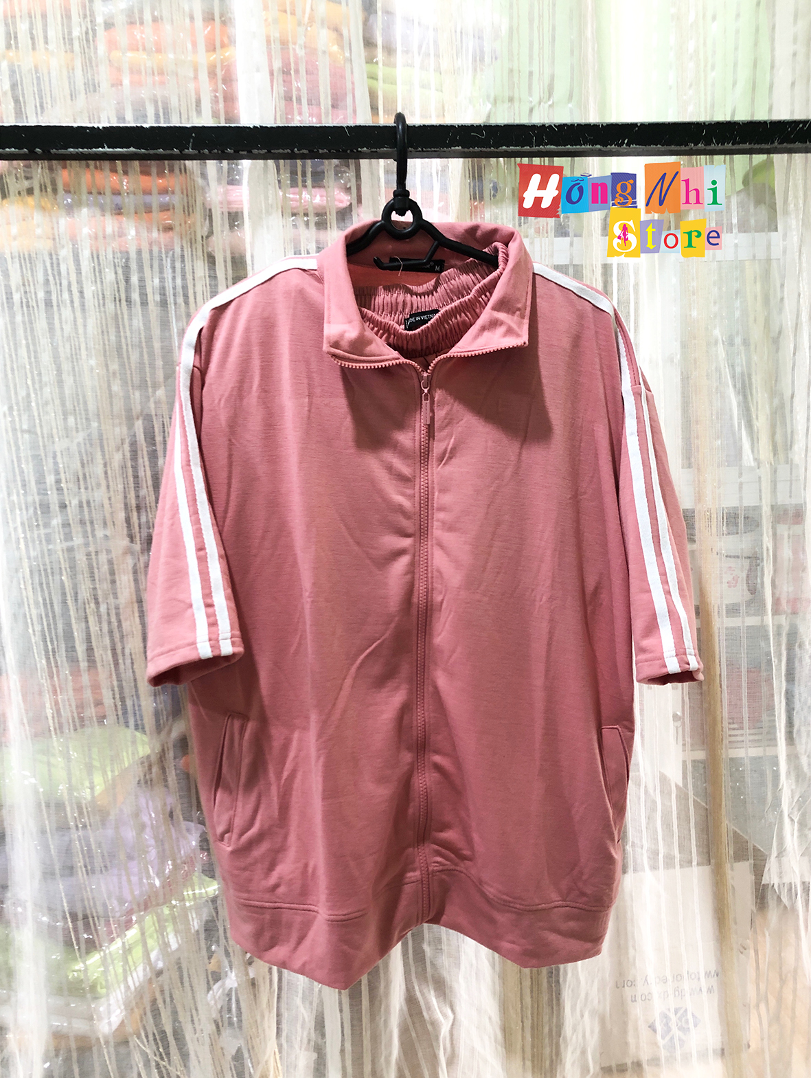 Set Bộ Thể Thao Unisex Áo Khoác Tay Ngắn Quần Lửng Màu Hồng Cao Cấp - MM