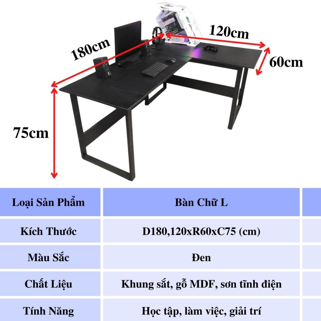 Bàn làm việc để máy tính chữ L dùng học tập, gaming FUFUTECH, mặt gỗ rộng rãi 180x120cm, khung  sơn tĩnh điện chắc chắn