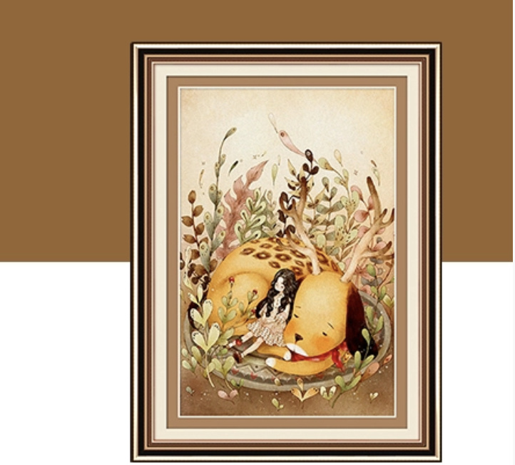 Tranh thêu kín Cô gái và cún con H2193, kích thước 50*72 cm