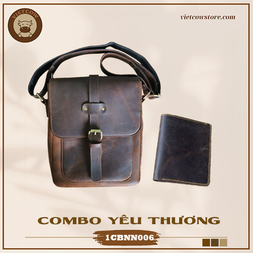 Combo Yêu Thương - Túi Đeo Chéo Và Ví Nam Da Bò Sáp Wax, Túi Đeo Chéo Và Ví Nam Da Bò Thời Trang_VietCow_1CBNN006 (Màu Nâu)