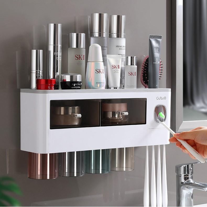 Bộ Nhả Kem Đánh Răng Tự Động , Kệ Dán Để Đồ Nhà Tắm Dán Tường Cao Cấp 1,2,3,4 Cốc Nhiều Màu Cao Cấp Sang Trọng & An Toàn