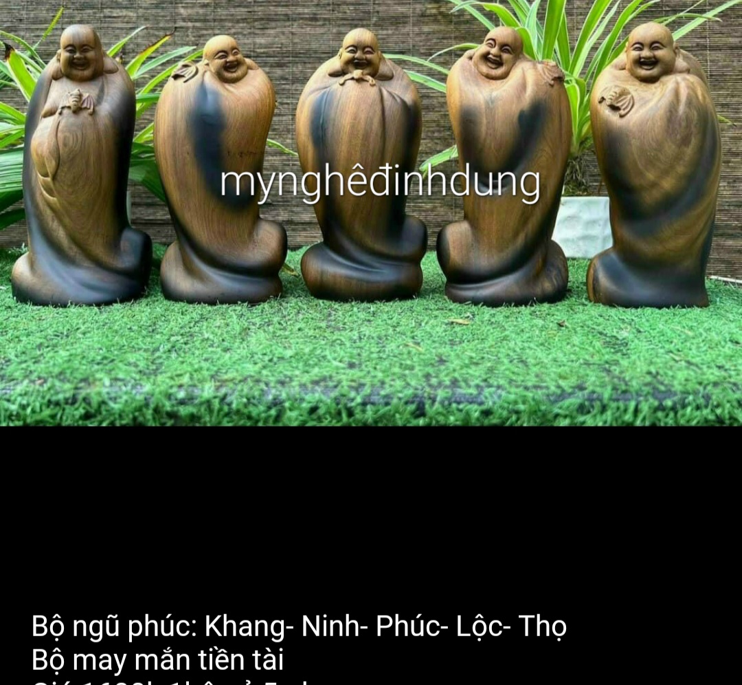 Bộ ngũ phúc khang_ninh _phúc _lộc_thọ bằng gỗ bách xanh thơm nức kt cao 20×9×6cm