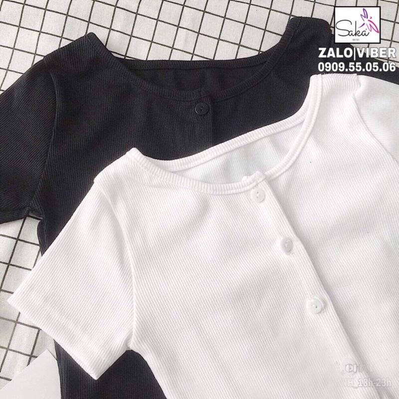 Áo croptop nút trắng &amp; đen vải thun gân tăm loại xịn