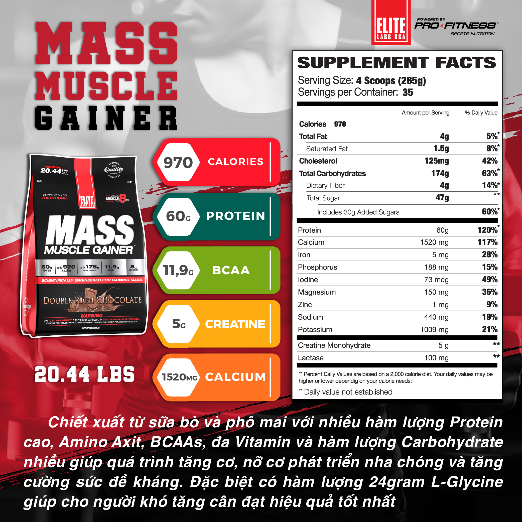Sữa Tăng Cân Elite Labs Mass Muscle Gainer 20lbs (9kg)