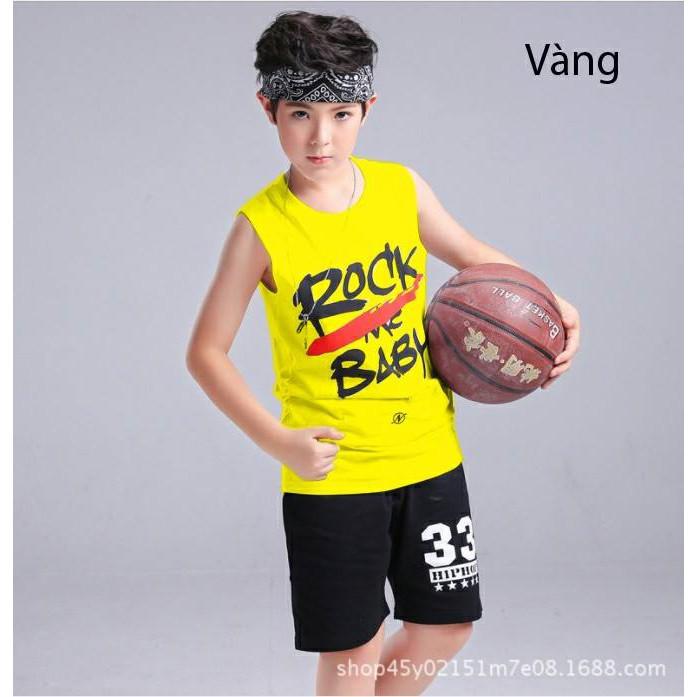 Bộ quần áo thể thao bé trai, in ROCK sát nách, chất cotton thoải mái vận động.