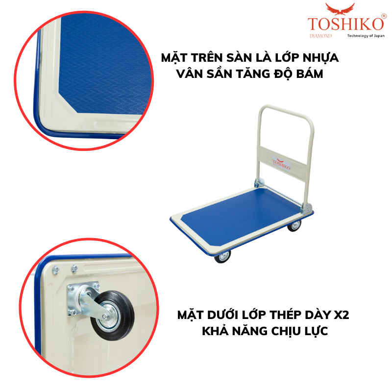 Xe Đẩy Hàng, Kèo Hàng Gấp Gọn 4 Bánh Toshiko Tải Trọng 150kg và 300kg Sàn Thép Bảo Hành 36 Tháng