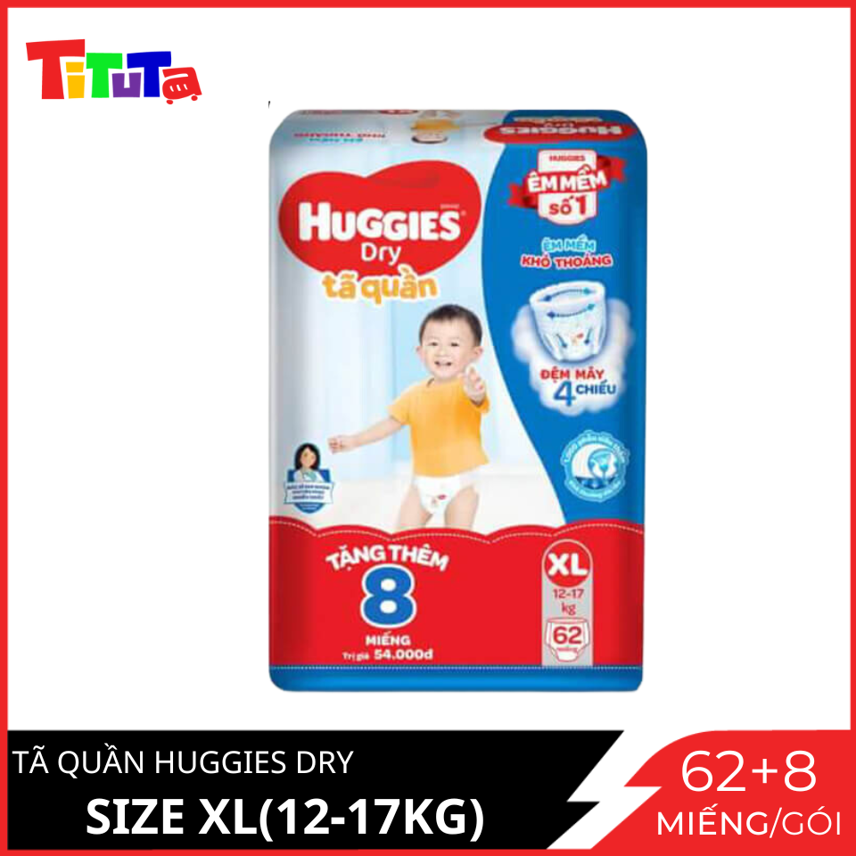 Tã Quần Huggies Dry Gói Cực Đại XL62  - Tặng 8 Miếng
