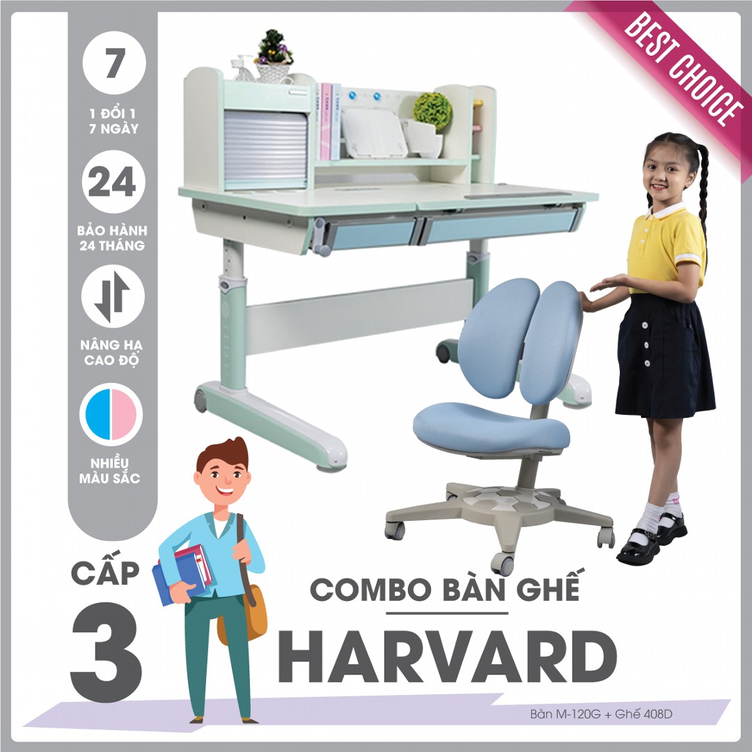 Bộ bàn ghế học sinh cấp 3 SMLIFE HARVARD - Hồng | Bàn: 120cm x 70cm x 54-76cm (mặt bàn nâng hạ) | Ghế: D44 x R40cm x C82-100cm