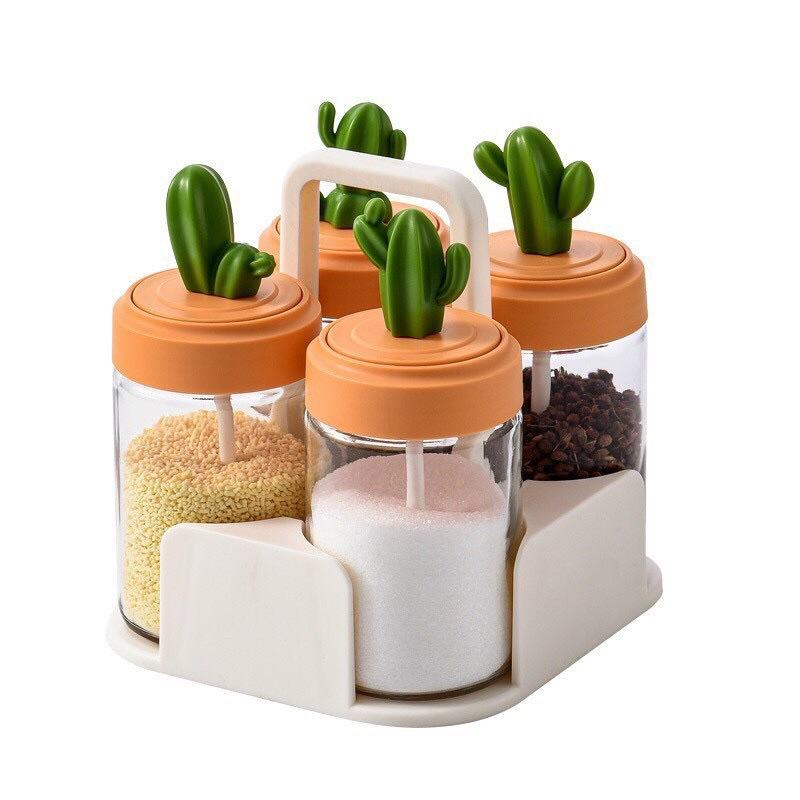 Hộp Đựng Gia Vị Bằng Thủy Tinh - Bộ 4 Hộp Hình Xương Rồng Kèm Khay Đựng Siêu Xinh