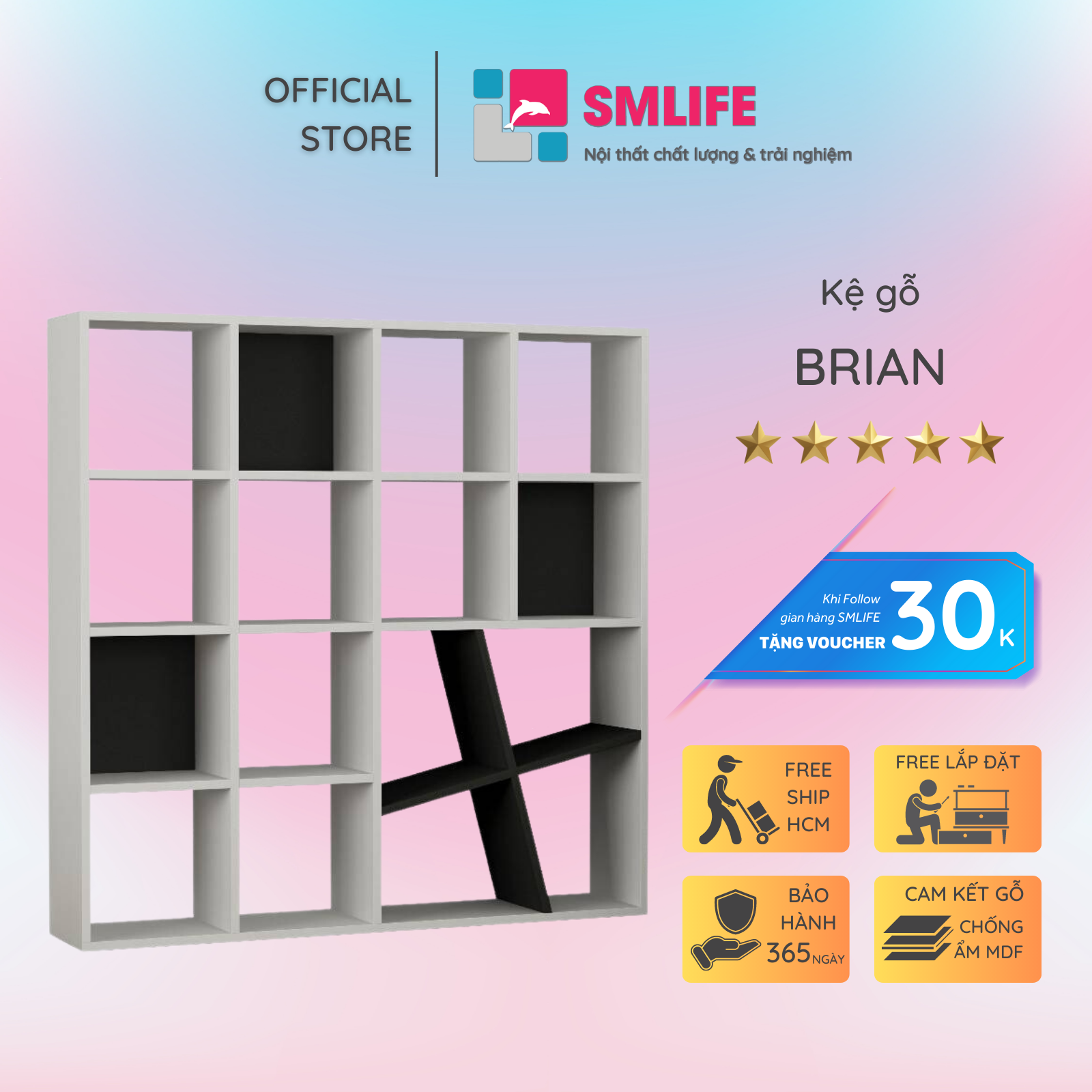 Giá sách bằng gỗ thiết kế hiện đại SMLIFE Brian