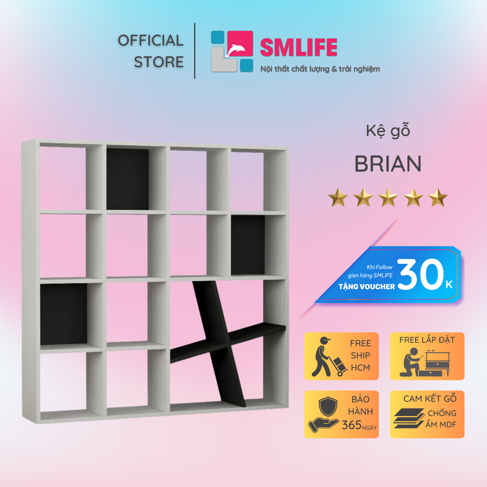 Kệ sách gỗ hiện đại SMLIFE Brian  | Gỗ MDF dày 17mm chống ẩm | D120xR23xC120cm - Màu