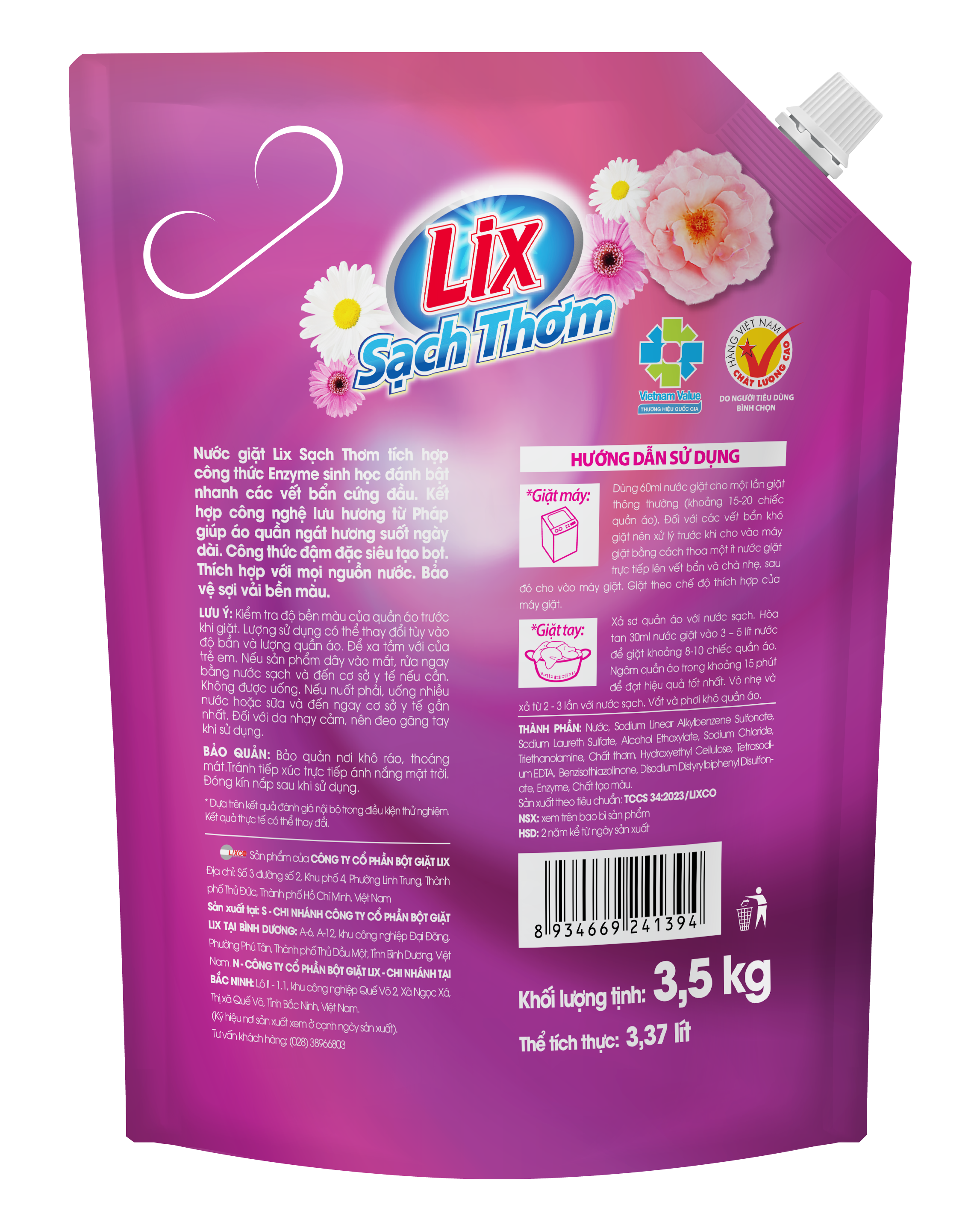 Hình ảnh Túi Nước giặt Lix Sạch Thơm hương nắng hạ 3.5kg N7303 - chứa hạt lưu hương thơm ngát ngày dài