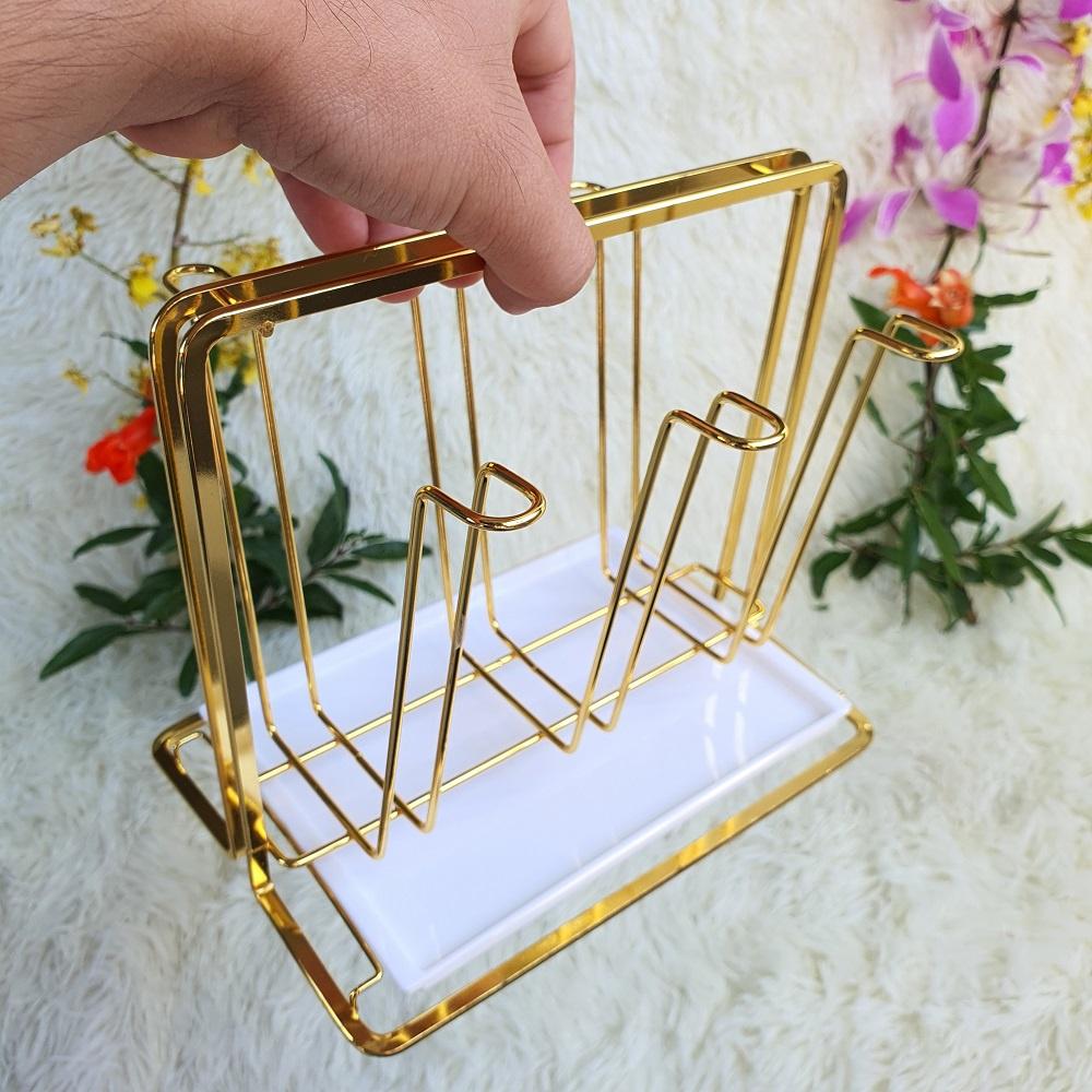 Khay úp ly Inox SUS 304 cao cấp không gỉ mạ vàng Titan tinh xảo sáng bóng - giá úp cốc có khay hứng nước dạng chữ nhật