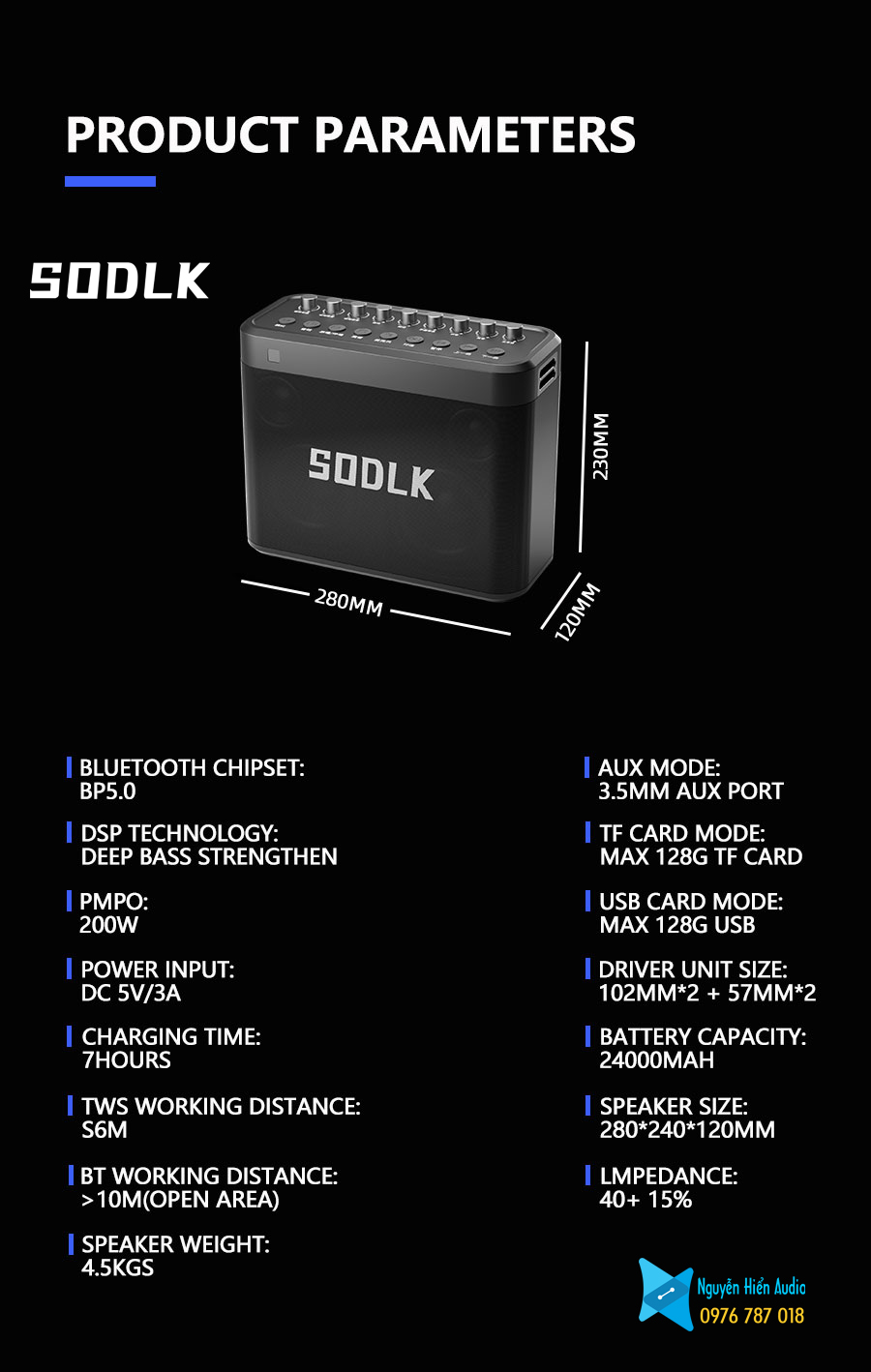 Loa SODLK S1314 di động bluetooth 5.0 siêu trầm 200W, karaoke chuyên nghiệp, công nghệ DSP, tặng kèm 01 balo chống sốc