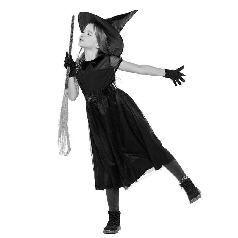 1 Bộ Trẻ Em Bé Gái Phù Thủy Trang Phục Hóa Trang Halloween Lưới Nữ Tay Ngắn Cổ Tích Đầm Nón Dây Lưng Găng Tay Đảng Vai Trò Chơi bộ Trang Phục