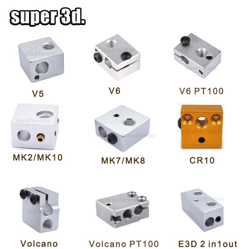 1 cái 3D Khối Nhiệt E3D V5 V6 MK7 MK8 MK2 MK10 Núi Lửa PT100 CR10 2 TRONG 1 RA Nhôm/Đồng Thau Cho Hotend 3D Máy In Phần