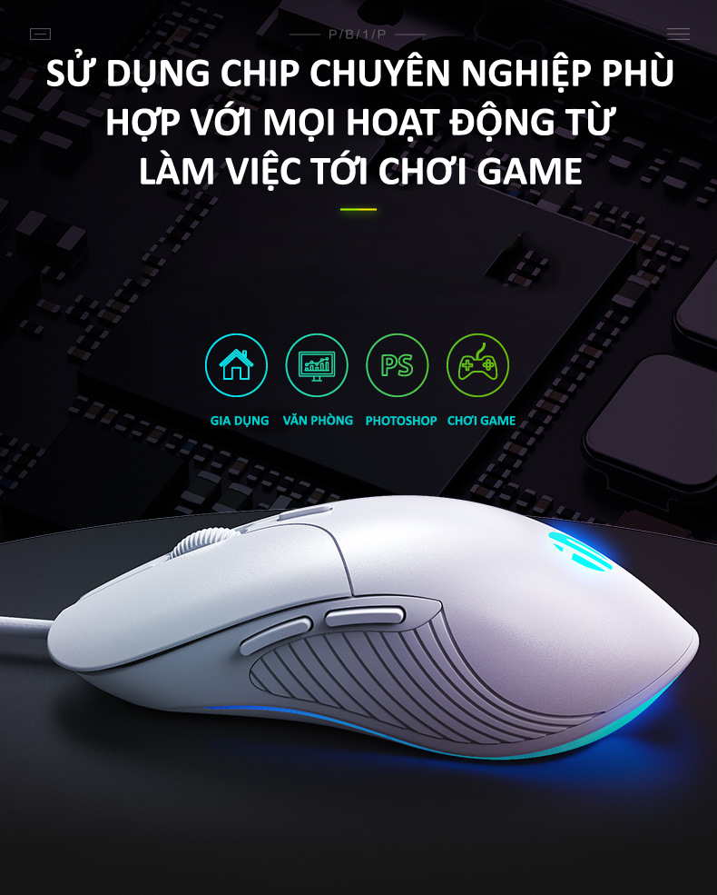 Chuột có dây INPHIC PB1P 6 nút với độ DPI lên đến 4800 phù hợp chơi game cho game thủ chuyên nghiệp, làm việc văn phòng, photoshop (MÀU ĐEN) - Hàng Chính Hãng