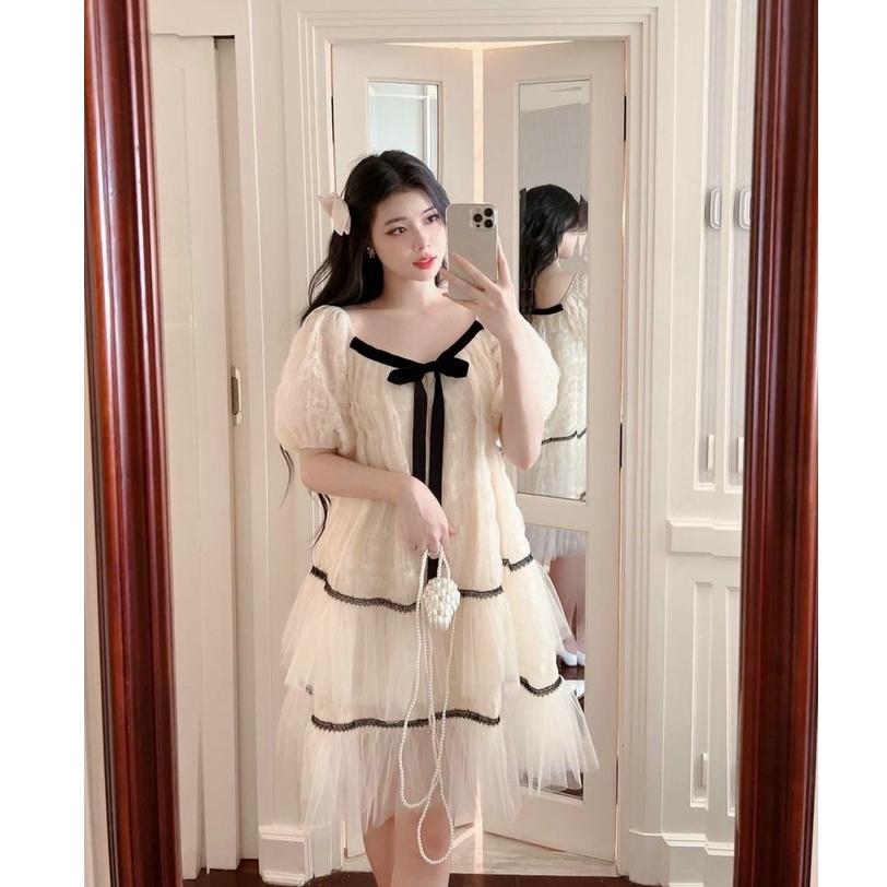 Đầm ren suông babydoll phối viền đen cột nơ xinh xắn