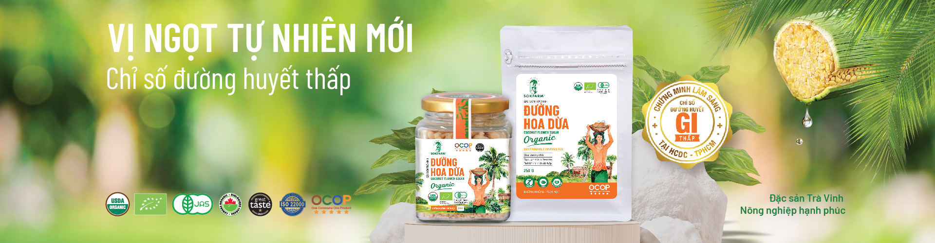 Đường hoa dừa Sokfarm - Chỉ số đường huyết thấp, dùng được cho người tiểu đường type 2, không tăng cân, không tăng đường huyết