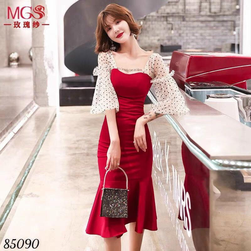 ĐẦM UMI ĐUÔI CÁ PHỐI LƯỚI,THIẾT KẾ HỌA TIẾT TRƠN NHƯNG KHÔNG KÉM PHẦN SANG TRỌNG 1HIT1 FASHION - ĐỎ,S