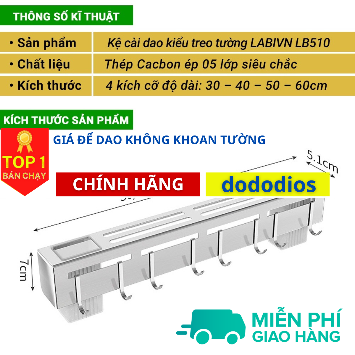 Giá để dao đa năng nhà bếp DoDoDios chất liệu Inox, có ống đựng đũa, thìa tặng thêm miếng dán tường móc treo khăn - Hàng chính hãng