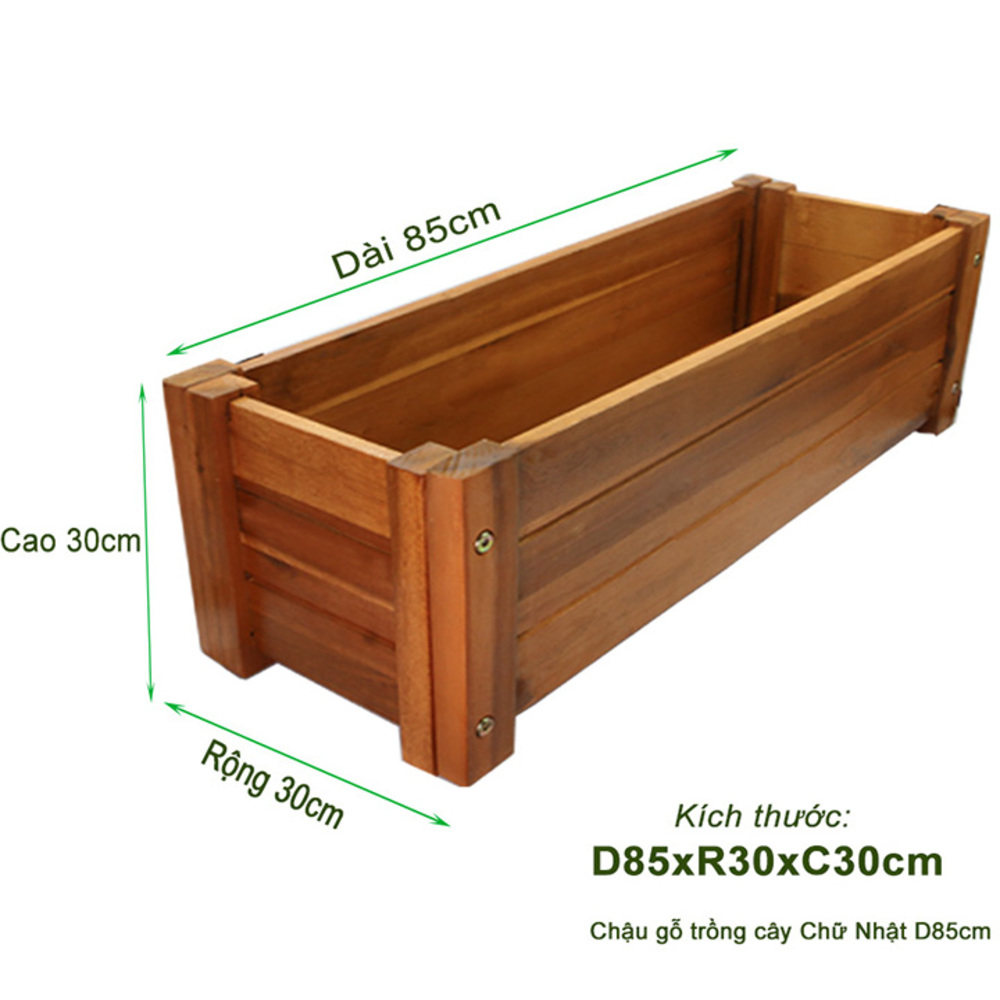 Bộ 2 Chậu gỗ trồng cây Chữ nhật -chuyên dùng ngoài trời - chịu nước tốt, xử lý chống mốc, thân thiện với môi trường - dễ lắp rắp và vận chuyển - D85xR30xC30cm