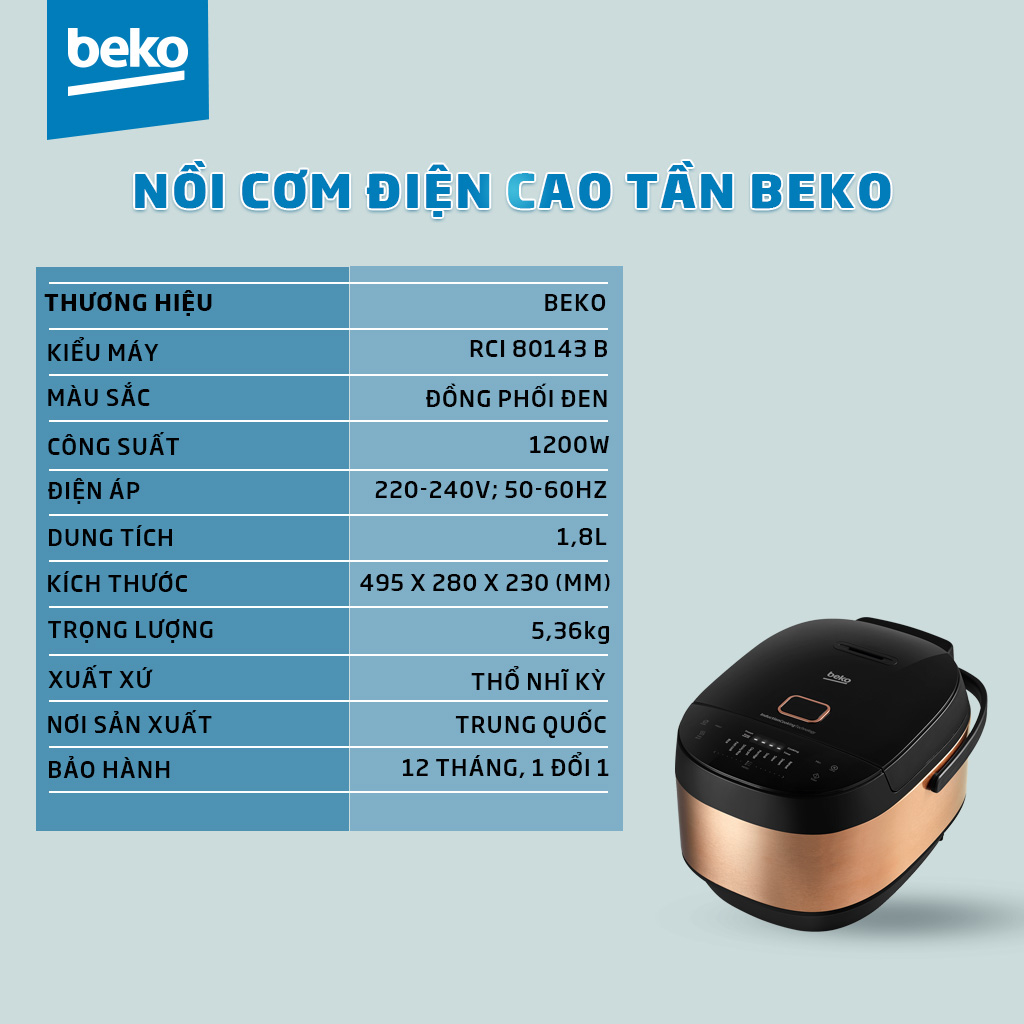 Nồi Cơm Điện Tử Cao Tần BEKO 1,8L Công Suât 1200W, Chống Dính Vượt Trội Với 9 Chương Trình Nấu - RCI80143B - Hàng Chính Hãng