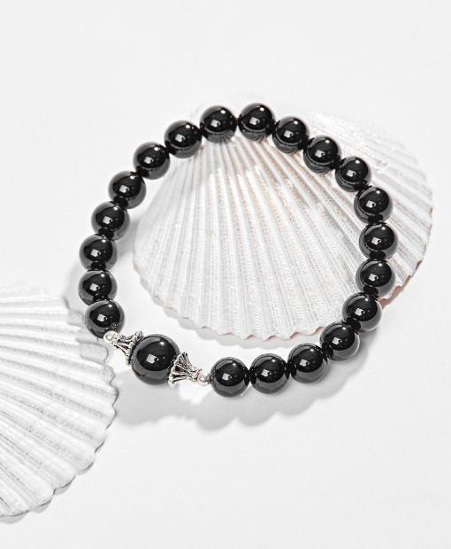 Vòng Tay Đá Thạch Anh Đen 8Mm Charm Bạc 925 Đuôi Bạc