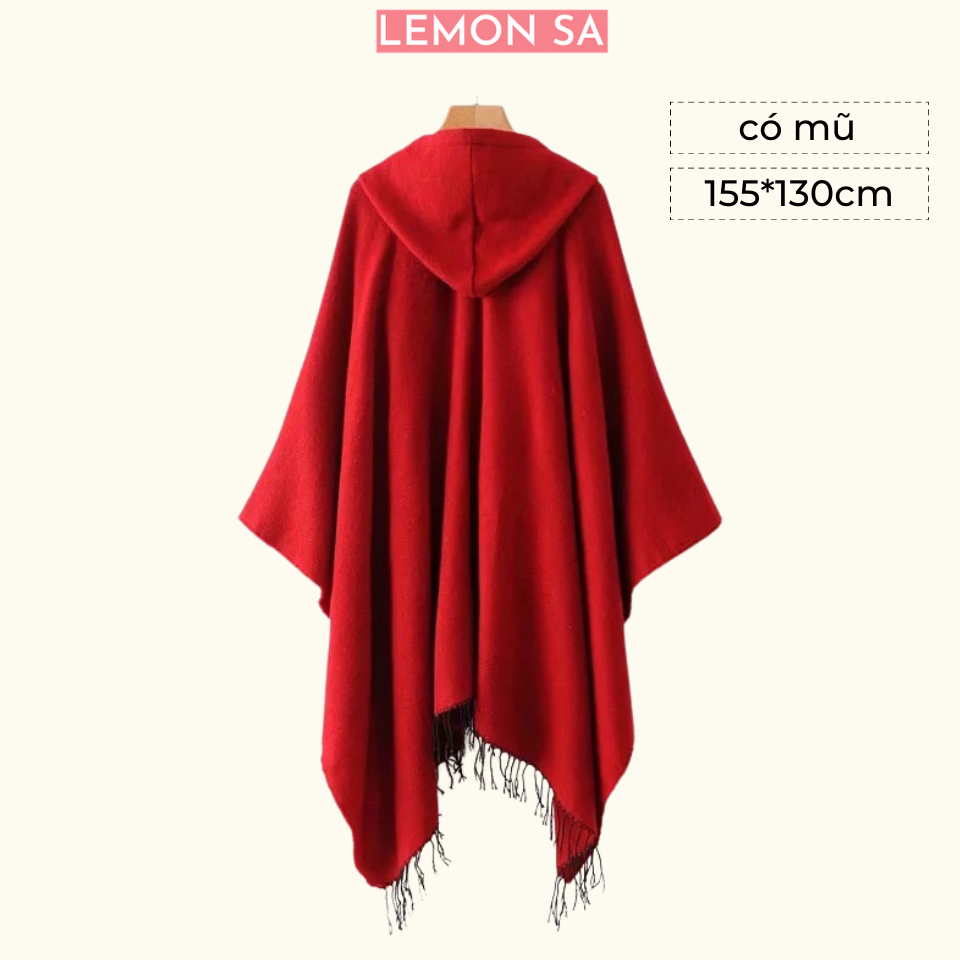 Áo choàng boho thổ cẩm mùa thu đông cho nữ tua rua Khăn len dạ dày ấm có mũ - Mã LE03 Lemon SA