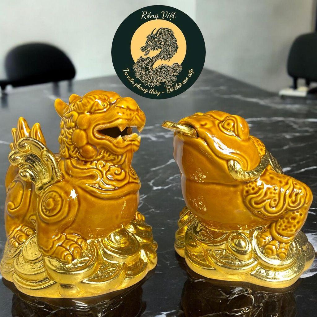 Cóc tỳ gốm nâu vàng dát vàng RỒNG VIỆT- Thiềm thừ, tỳ hưu phong thủy trang trí cho bàn thờ Thần Tài