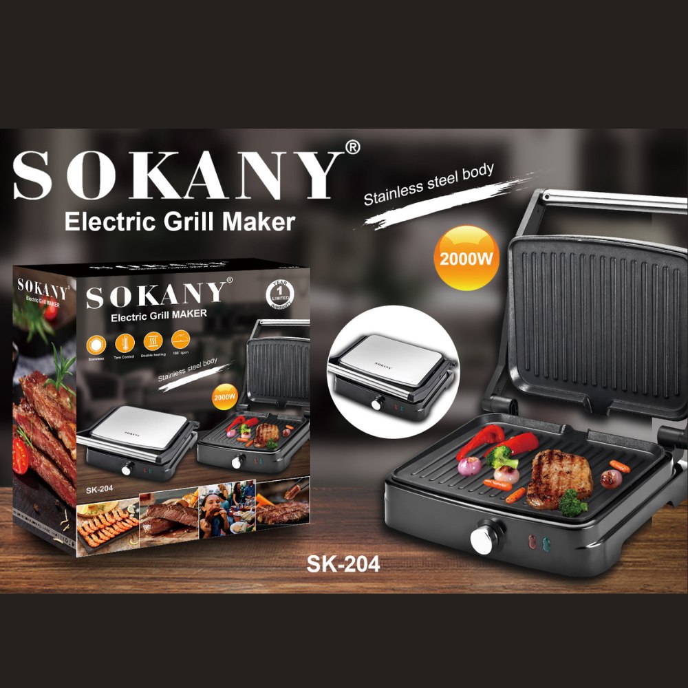 Máy kẹp nướng đa năng công suất cao 2000W SOKANY SK-204 nướng bánh mì, thịt, hotdog nhanh chín - HÀNG CHÍNH HÃNG