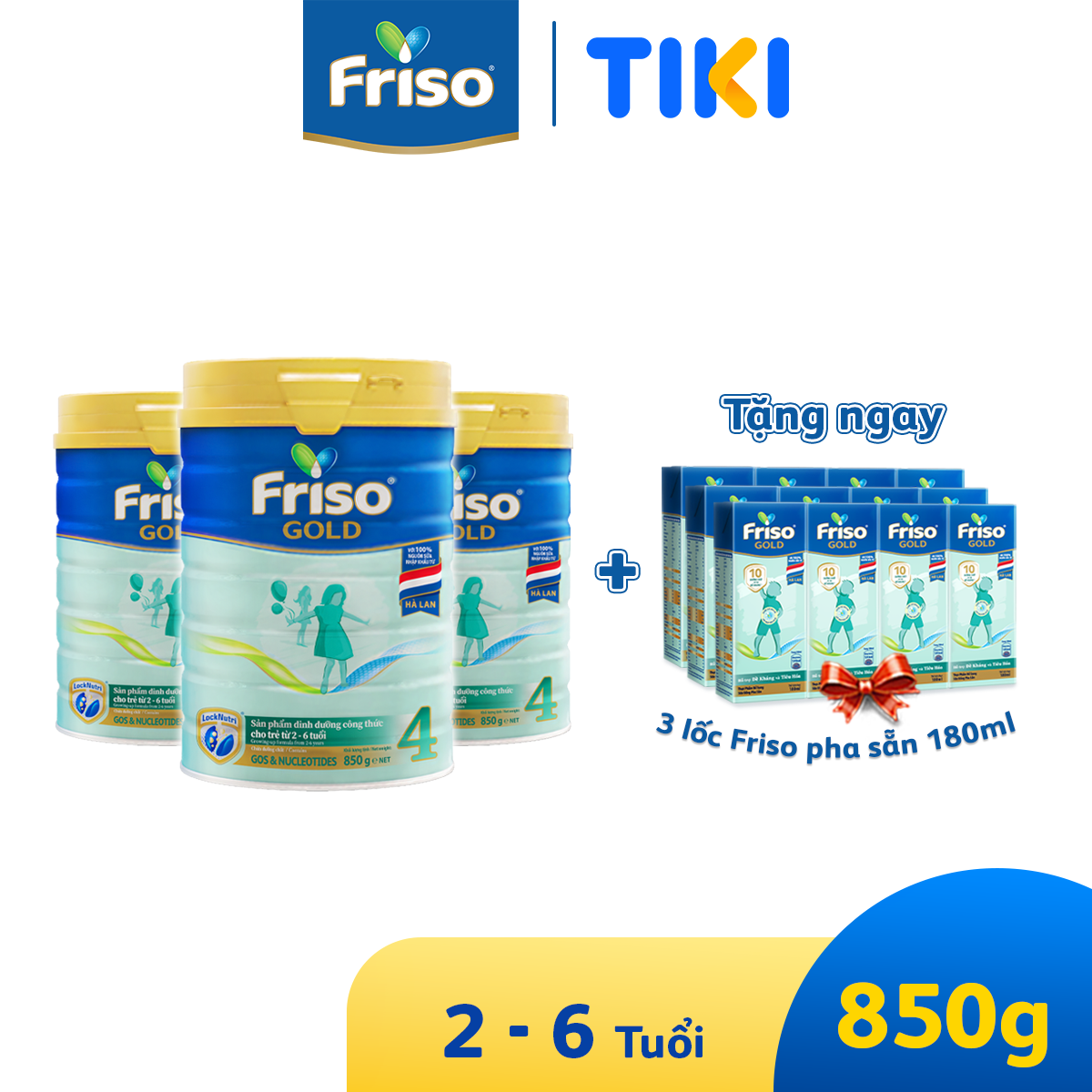 Combo 3 lon sữa Bột Friso Gold 4 850g (Dành Cho Trẻ Từ 2 - 6 Tuổi) - Tặng 3 lốc RDT 180ml